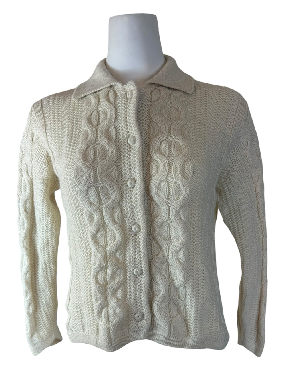 Leo Peressi 100% Alpaca Cable Knit Cardigan XS Cream Collared Quiet Luxury